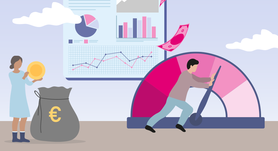 An illustration with two people, money, diagrams, and a gauge.