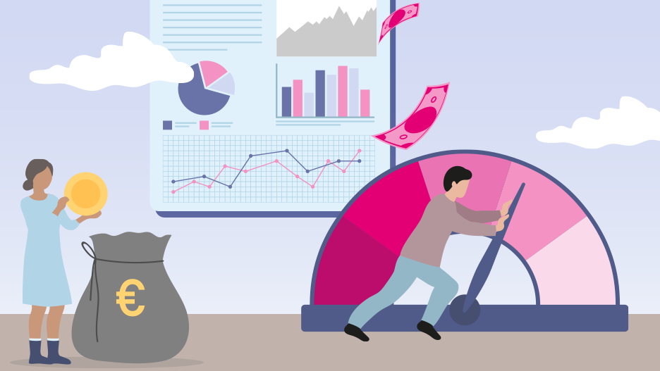 An illustration with two people, money, diagrams, and a gauge.