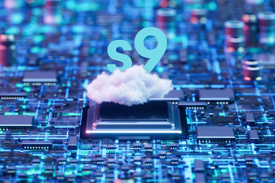S9 cloud computing instance above a processor chip, a symbolic depiction of modern cloud infrastructure.