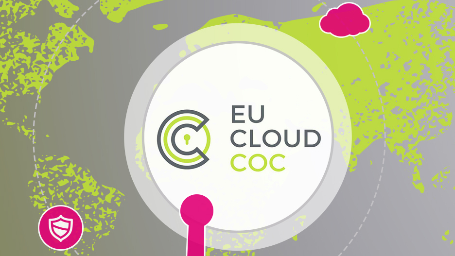 Logo des EU Cloud Code of Conduct vor stilisierter Weltkarte, Symbol für Datenschutz und Cloud-Compliance in der T Cloud Public.