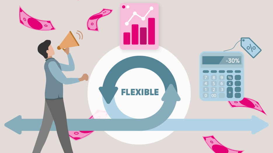 Illustration of flexible IT usage with savings potential: man with megaphone, chart, calculator (-30%), and banknotes.