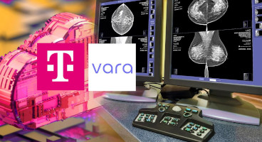 Telekom und vara Logo vor Bildschirmen mit Röntgenaufnahmen