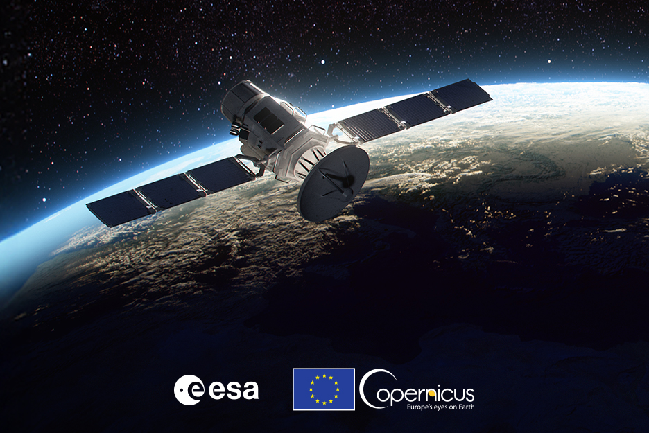 Bild mit einem Satelliten der über der Erdkugel schwebt