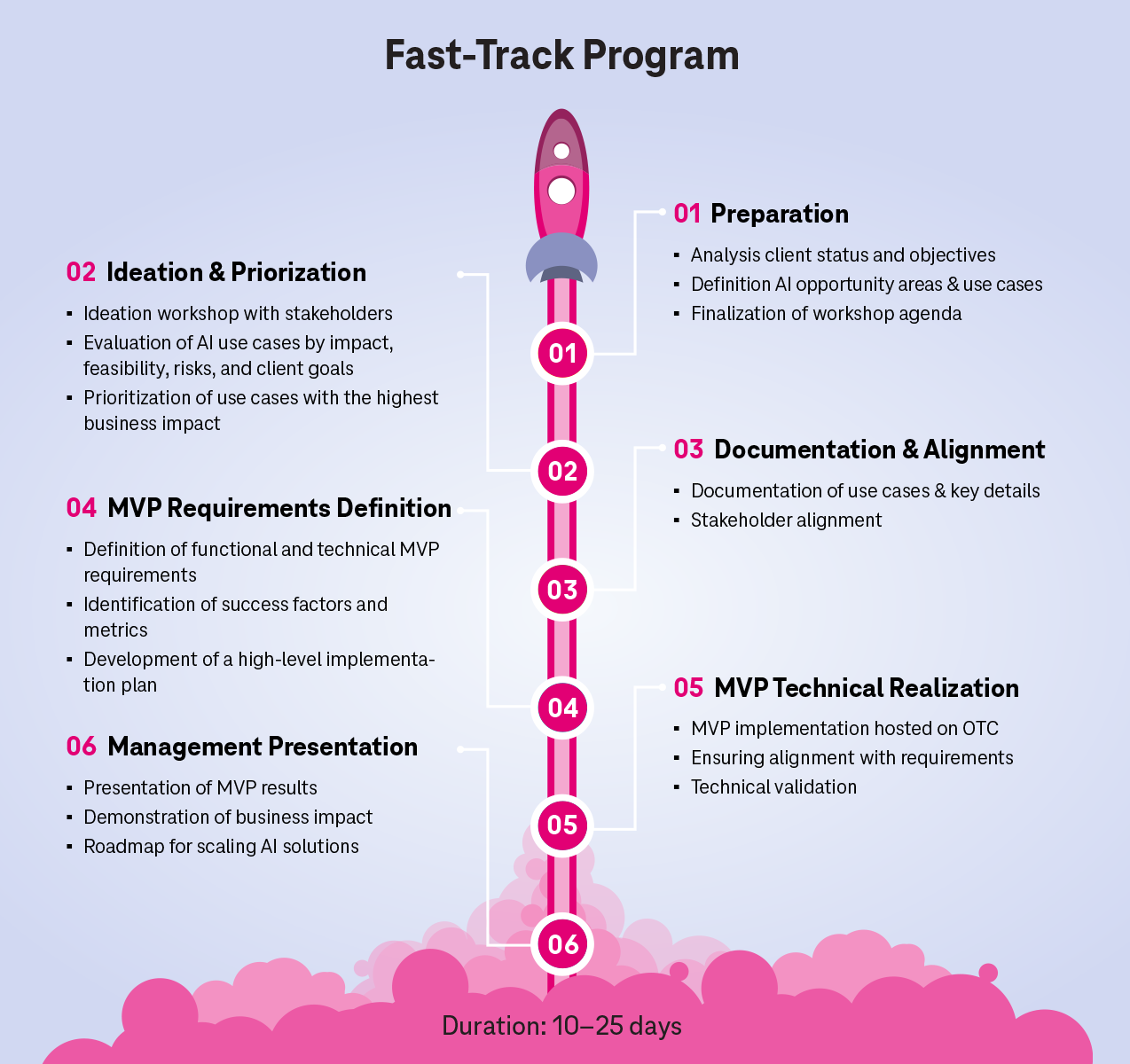 Procedure of the fast-track program for the introduction of AI: structured process from use case identification to the implementation of an MVP in T Cloud Public.