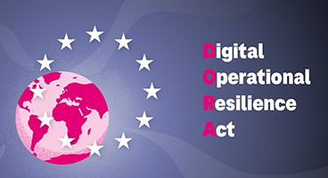 Illustration mit Weltkugel und Sternen mit dem Schriftzug DORA – Digital Operational Resilience Act