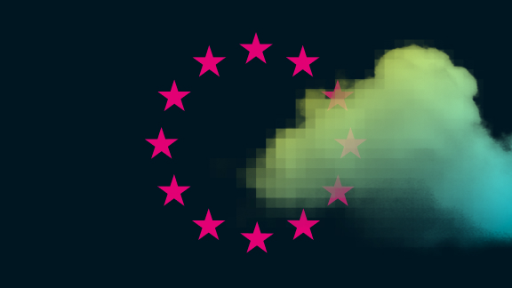 Graphic with colored cloud and European circle of stars