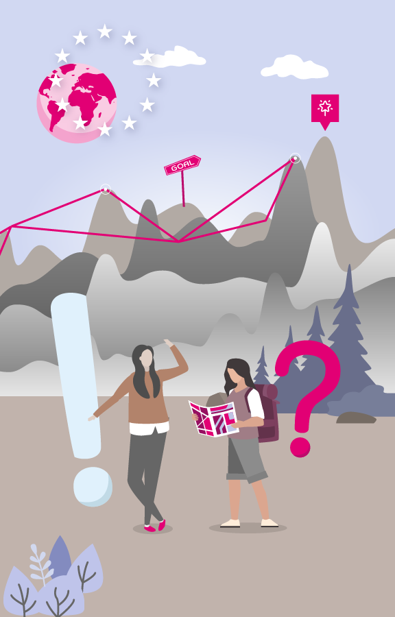 Illustration mit Wanderern und Karte, Ausrufe- und Fragezeichen, Welkugel mit EU Sternen vor einem Gebirge