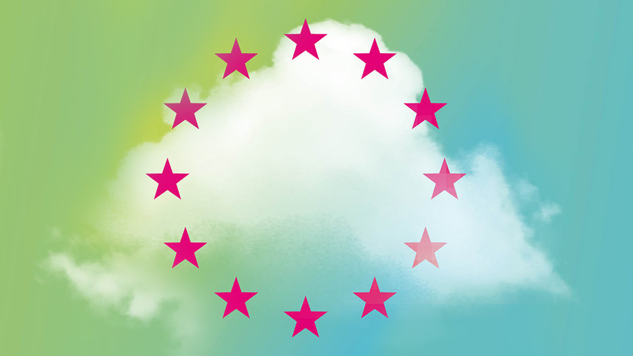 Weiße Wolke auf buntem Farbverlauf-Hintergrund (gelb, grün, blau) mit magenta Sternen in Kreisform, inspiriert von der Europaflagge.