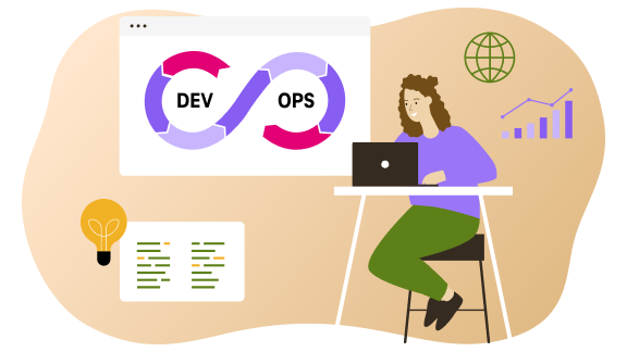 DevOps for developer llustration of a developer at a desk with a DevOps loop in the background.