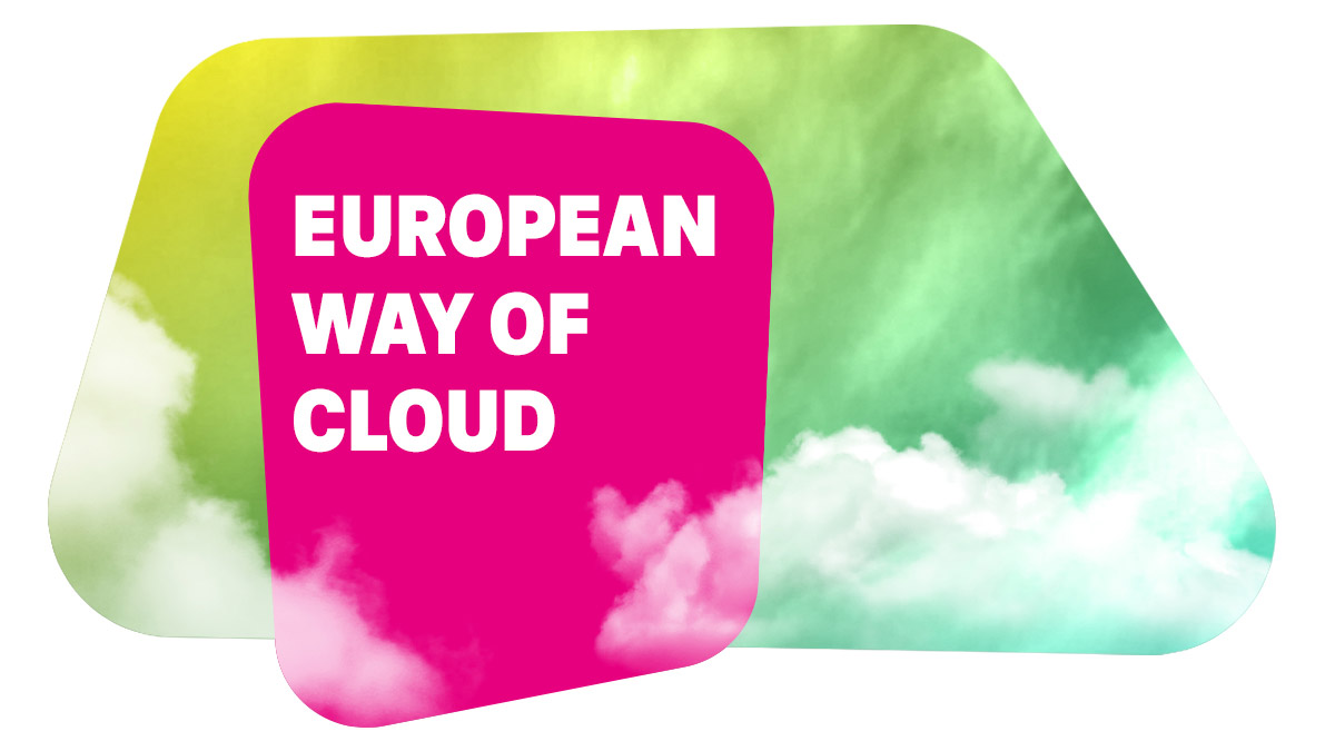White cloud on a colorful gradient background (yellow, green) with a magenta area on top displaying the title European Way of Cloud