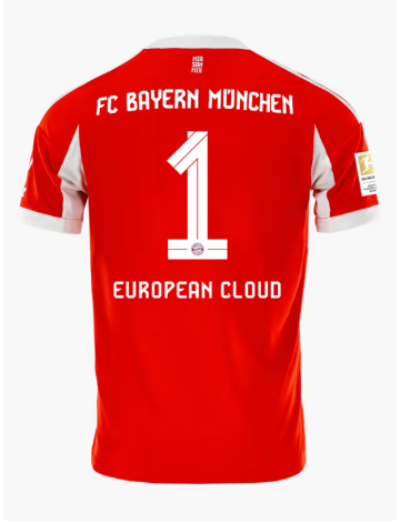FC Bayern München Trikot in rot mit der Rückennummer 1 und dem Schriftzug "European Cloud" auf dem Rücken.