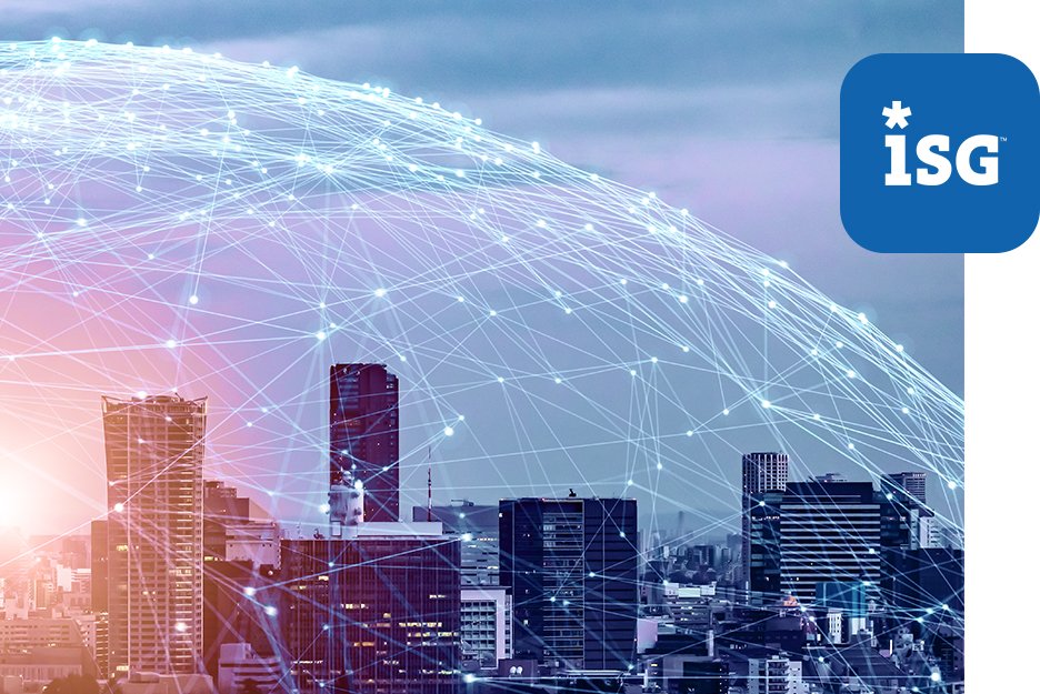 Urban skyline with a visualized digital network and cloud connectivity, ISG logo.