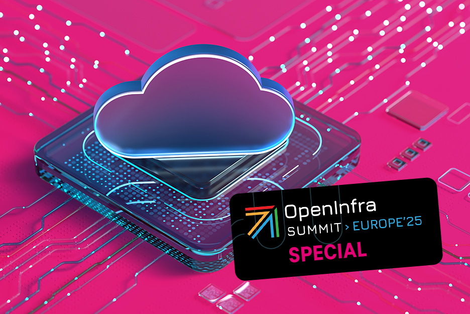 3D-Darstellung einer leuchtenden Cloud auf einem Mikrochip, magentar Platinenhintergrund mit Schriftzug OpenInfra Summit Europe 2025 Special.