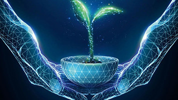 Abstract pair of hands holding a green plant shoot in a pot.