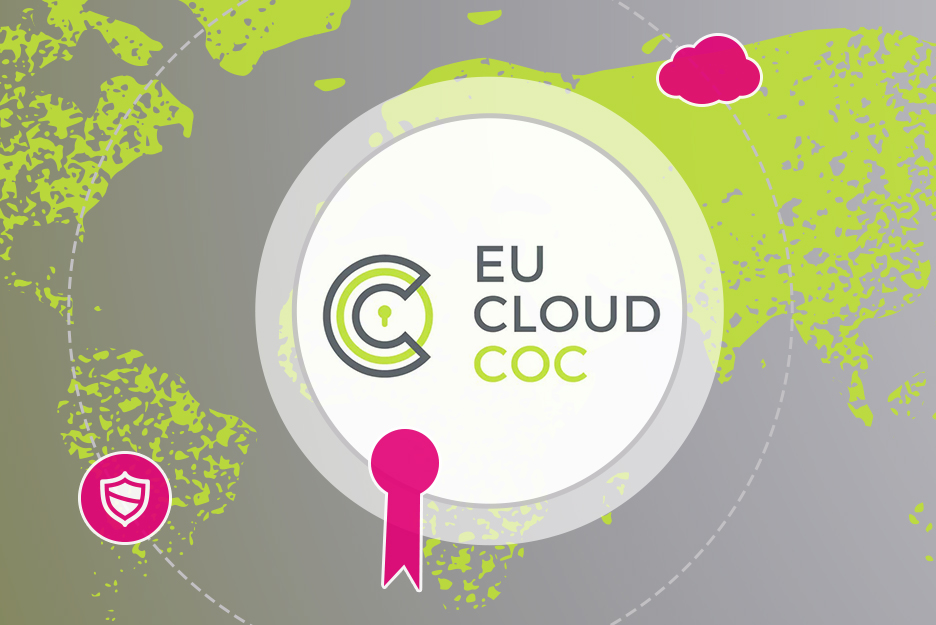 Logo des EU Cloud Code of Conduct vor stilisierter Weltkarte, Symbol für Datenschutz und Cloud-Compliance in der T Cloud Public.