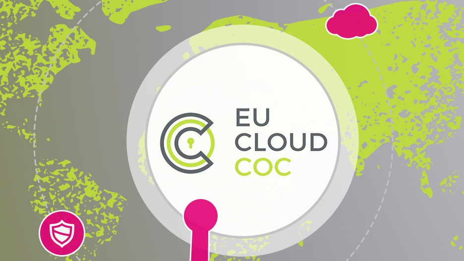 Logo des EU Cloud Code of Conduct vor stilisierter Weltkarte, Symbol für Datenschutz und Cloud-Compliance in der T Cloud Public.
