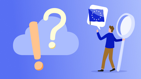 Illustration einer Person mit Europa Flagge vor einer Wolke mit Fragezeichen und Ausrufezeichen vor einem blauen Hintergrund