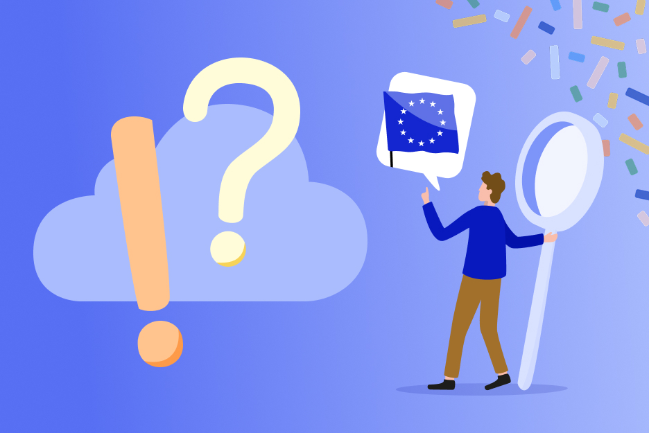 Illustration einer Person mit Europa Flagge vor einer Wolke mit Fragezeichen und Ausrufezeichen vor einem blauen Hintergrund