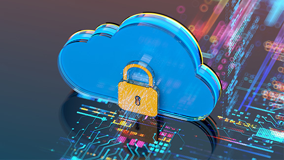 Stylization of a digital cloud with padlock and networking lines